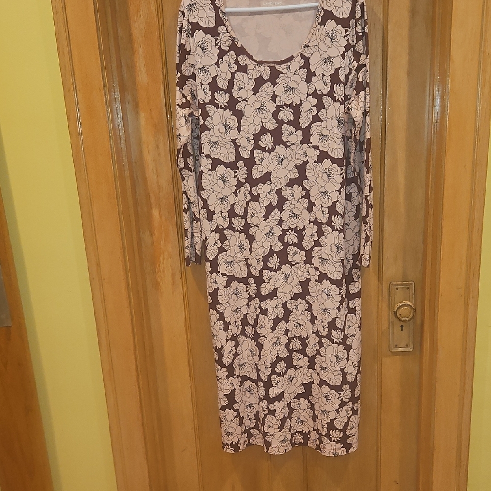 Lands' End Floral Long Sleeve Dress in Brown and Cream